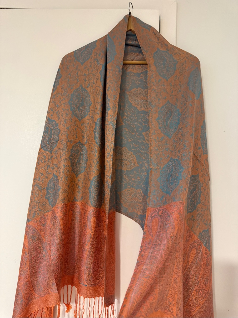Women's Paisley Shawl Collar Coat in Teal and Rust